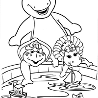 Desenho de Barney e amigos brincando de barquinho para colorir