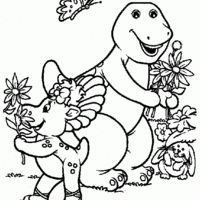 Desenho de Barney e Baby Bop colhendo flores para colorir