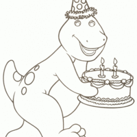 Desenho de Barney e bolo de aniversario para colorir