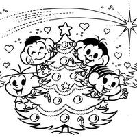Desenho de Turma da Monica e pinheiro de Natal para colorir