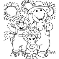 Desenho de Barney e amigos na plantação de girassóis para colorir