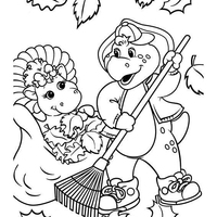 Desenho de Barney e Baby Bop varrendo folhas de outono para colorir