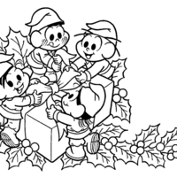 Desenho de Turma da Monica abrindo presentes natalinos para colorir