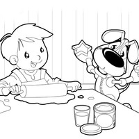 Desenho de Menino e cachorro preparando biscoitos para colorir
