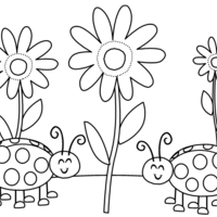 Desenho de Joaninha e flores para colorir