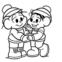Desenho de Monica e Cebolinha com roupas de inverno para colorir