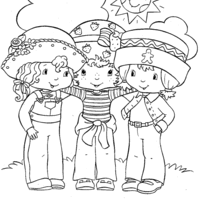 Desenho de Moranguinho abraçando amigos para colorir