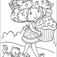 Desenho de Moranguinho e cupcake de morango para colorir