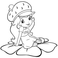 Desenho de Moranguinho sentada sobre flor para colorir