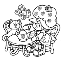 Desenho de Moranguinho tomando chá com Pudim para colorir