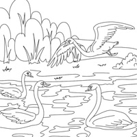Desenho de Patinho Feio e irmãos no lago para colorir