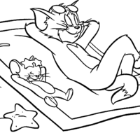 Desenho de Tom e Jerry tomando sol na praia para colorir