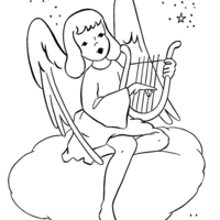 Desenho de Anjo na nuvem tocando arpa para colorir