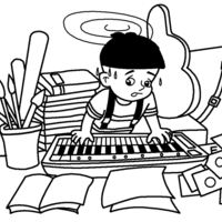 Desenho de Menino aprendendo a tocar piano para colorir