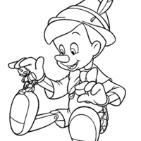 Desenho de Pinóquio cuidando do grilo falante para colorir