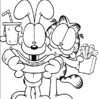 Desenho de Garfield comendo cachorro-quente e batatas fritas para colorir