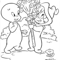 Desenho de Gasparzinho dando flores à amiguinha para colorir