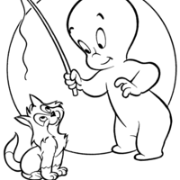 Desenho de Gasparzinho e gatinho pescando para colorir