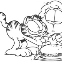 Desenho de Garfield comendo hambúrguer para colorir
