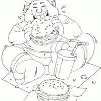 Desenho de Menino gordinho comendo hambúrguer para colorir