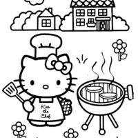 Desenho de Hello Kitty fazendo churrasco para colorir