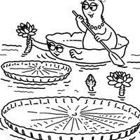 Desenho de Barbapapa na canoa entre vitórias-regias para colorir