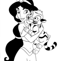 Desenho de Jasmine abraçando amigo tigre para colorir