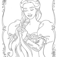 Desenho de Barbie Rapunzel fazendo tranças para colorir