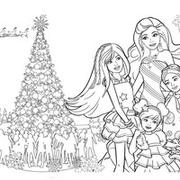 Desenho de Barbie e irmãs diante da árvore de Natal para colorir