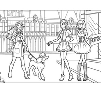 Desenho de Barbie e amigas no ateliê de moda para colorir