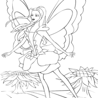 Desenho de Barbie Fairytopia voando entre flores para colorir