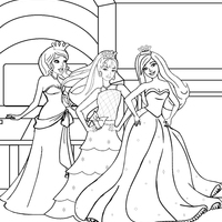 Desenho de Barbie e amigas vestidas de princesas para colorir