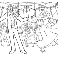 Desenho de Barbie e príncipe no baile da escola de princesas para colorir