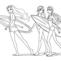 Desenho de Barbie e amigas indo surfar para colorir