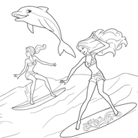 Desenho de Barbie e amiga surfando com golfinho Zuma para colorir