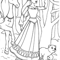 Desenho de Barbie e o cavalo alado pela floresta para colorir