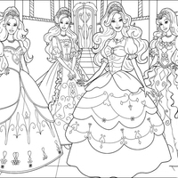 Desenho de Barbie e três mosqueteiras com vestido de baile para colorir