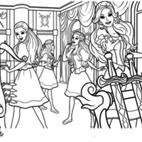 Desenho de Barbie e amigas mosqueteiras na sala de armas para colorir