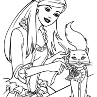 Desenho de Barbie cuidando de gatinha para colorir