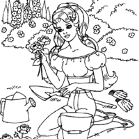 Desenho de Barbie cuidando das flores para colorir