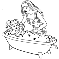 Desenho de Barbie dando banho em sua filha para colorir