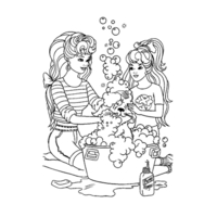 Desenho de Barbie e irmã dando banho em cachorro para colorir