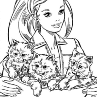Desenho de Barbie e três gatinhos para colorir