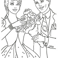 Desenho de Ken dando buquê de flores à Barbie para colorir