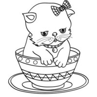 Desenho de Gato com lacinho na xícara para colorir