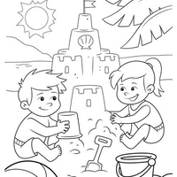 Desenho de Crianças fazendo castelinho de areia para colorir