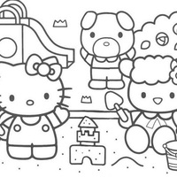Desenho de Hello Kitty e amigos fazendo castelo de areia para colorir