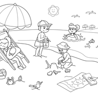Desenho de Crianças se divertindo na praia para colorir