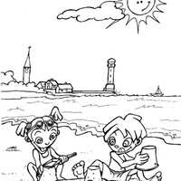 Desenho de Crianças e castelinho de areia para colorir