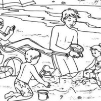 Desenho de Família brincando na praia para colorir